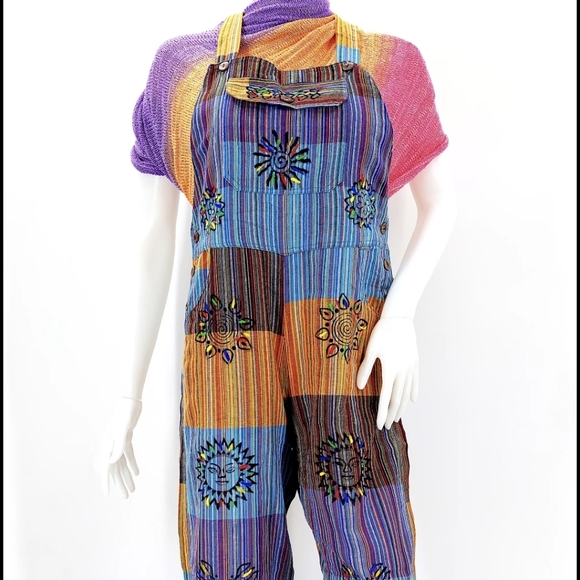 Himalaya Handmade Hippie Style Colorful Patchwork Overalls w/ Stamped Patterns - Picture 4 of 7